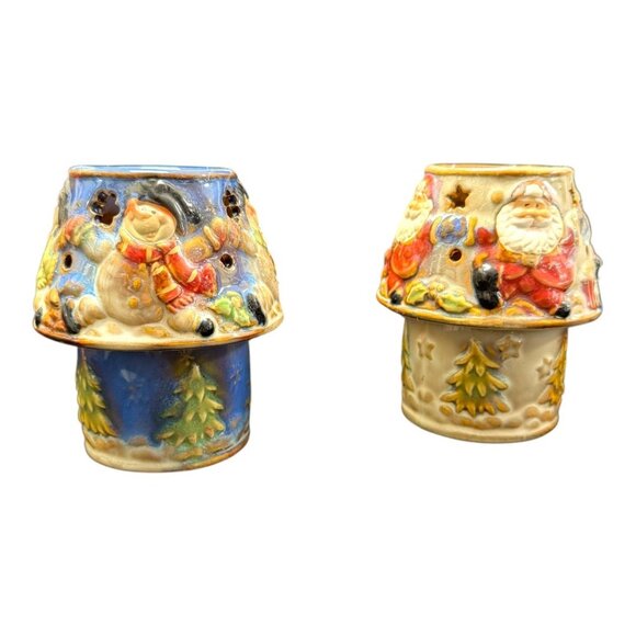 Kirklands Potters Garden Snowman & Santa Tea Light Lamps Hand-Painted Ceramic Vi - Picture 2 of 9